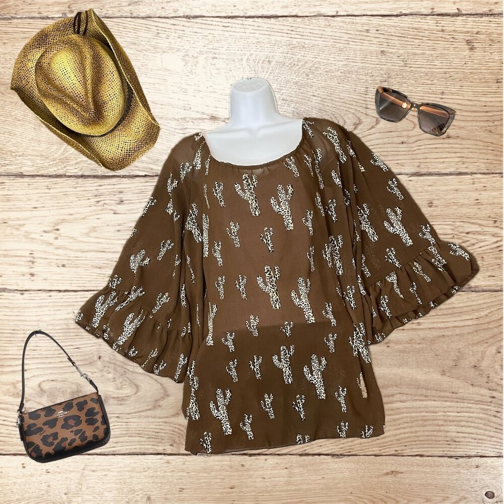 Cowgirl Hardware Leopard Cactus Blouse Sheer Western Top Women's XXL Flirty
